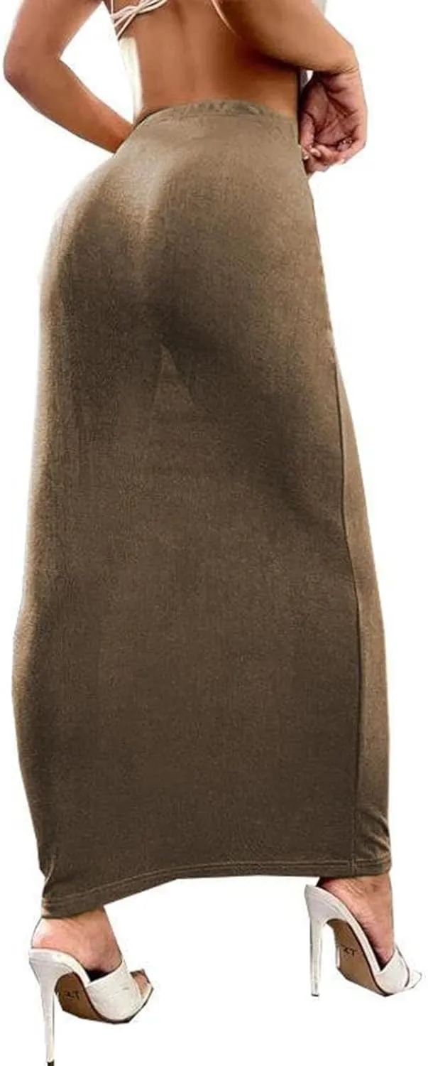 Oplxuo Women's Velvet Skirts Elegant Casual High Waist Solid Bodycon Long Maxi Skirt