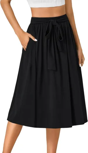 OPOIPIN Women's Casual Tie Front High Waist Pleated A-Line Skirt with Pockets