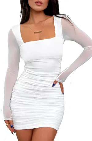 oten Women Mesh Long Sleeve Square Neck Mini Dress Sexy Ruched Bodycon Cocktail Club Party Short Dresses