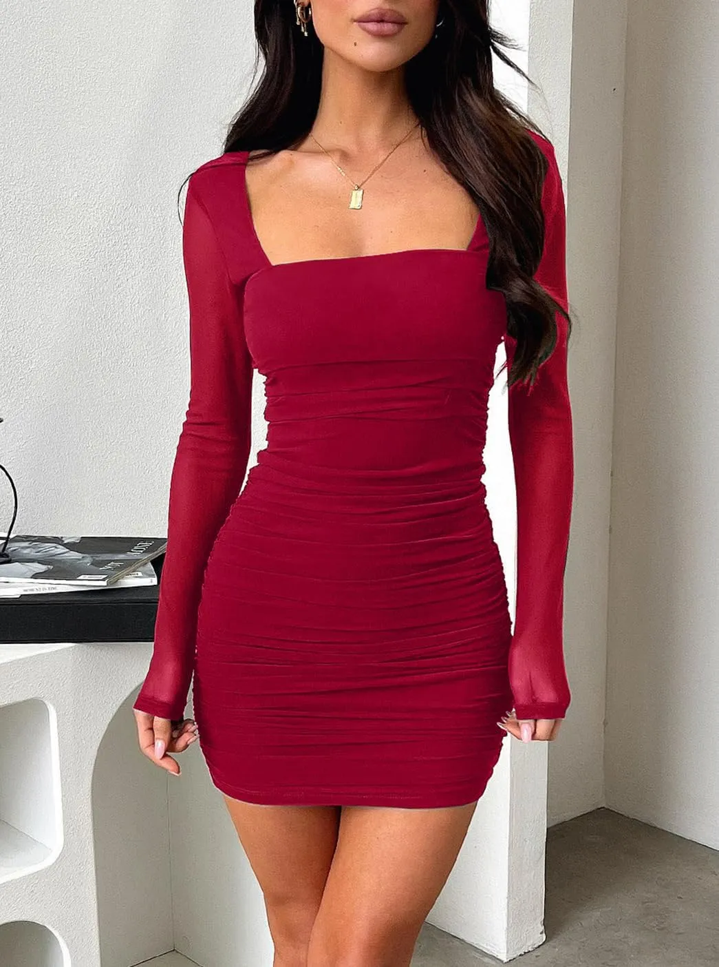 oten Women Mesh Long Sleeve Square Neck Mini Dress Sexy Ruched Bodycon Cocktail Club Party Short Dresses