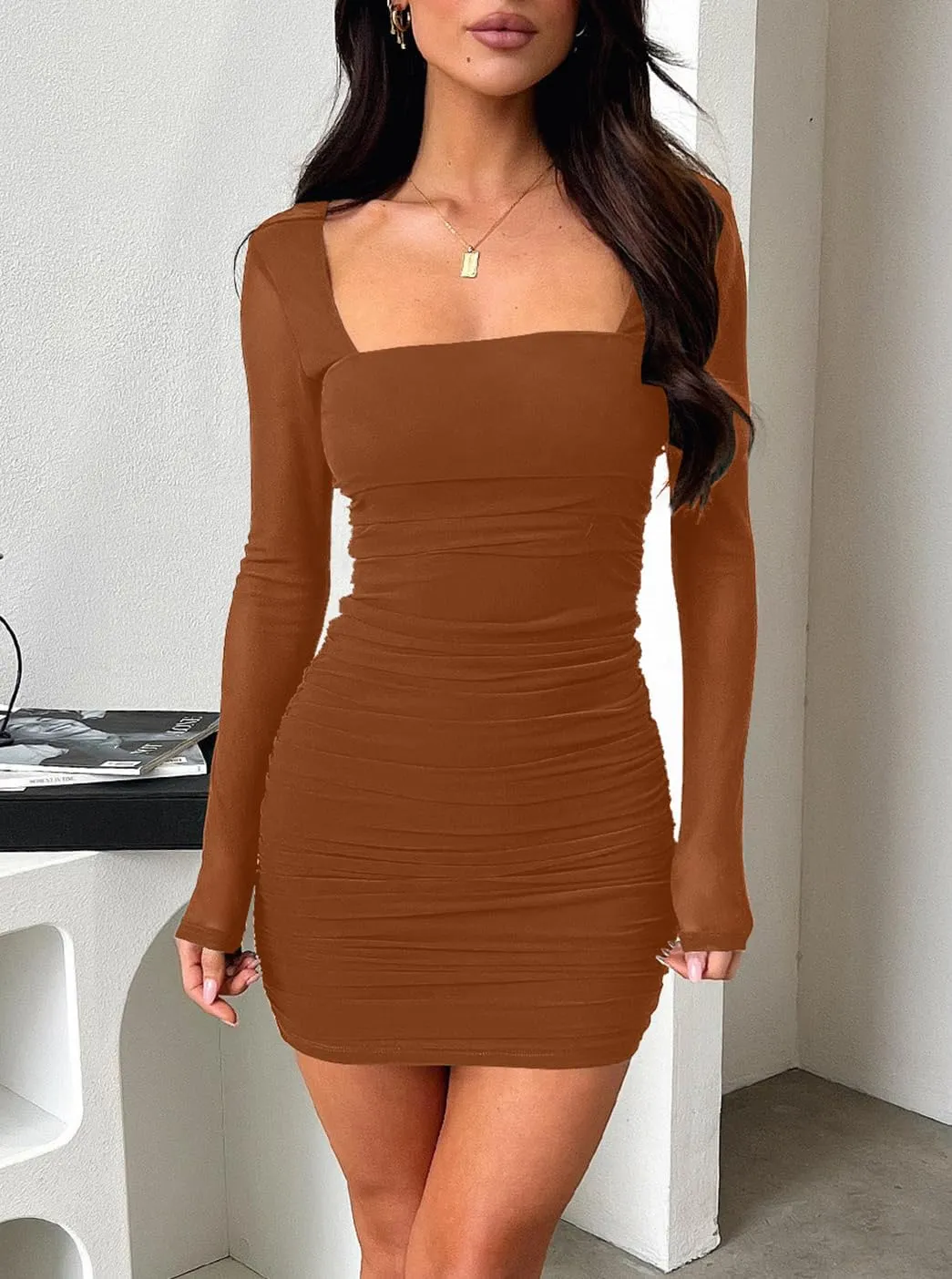 oten Women Mesh Long Sleeve Square Neck Mini Dress Sexy Ruched Bodycon Cocktail Club Party Short Dresses