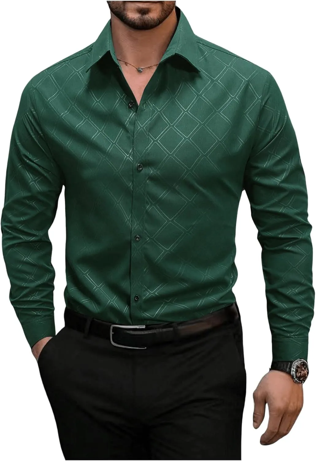 OYOANGLE Men's Long Sleeve Dress Shirt Geo Print Formal Shirts Work Business Shirt Top
