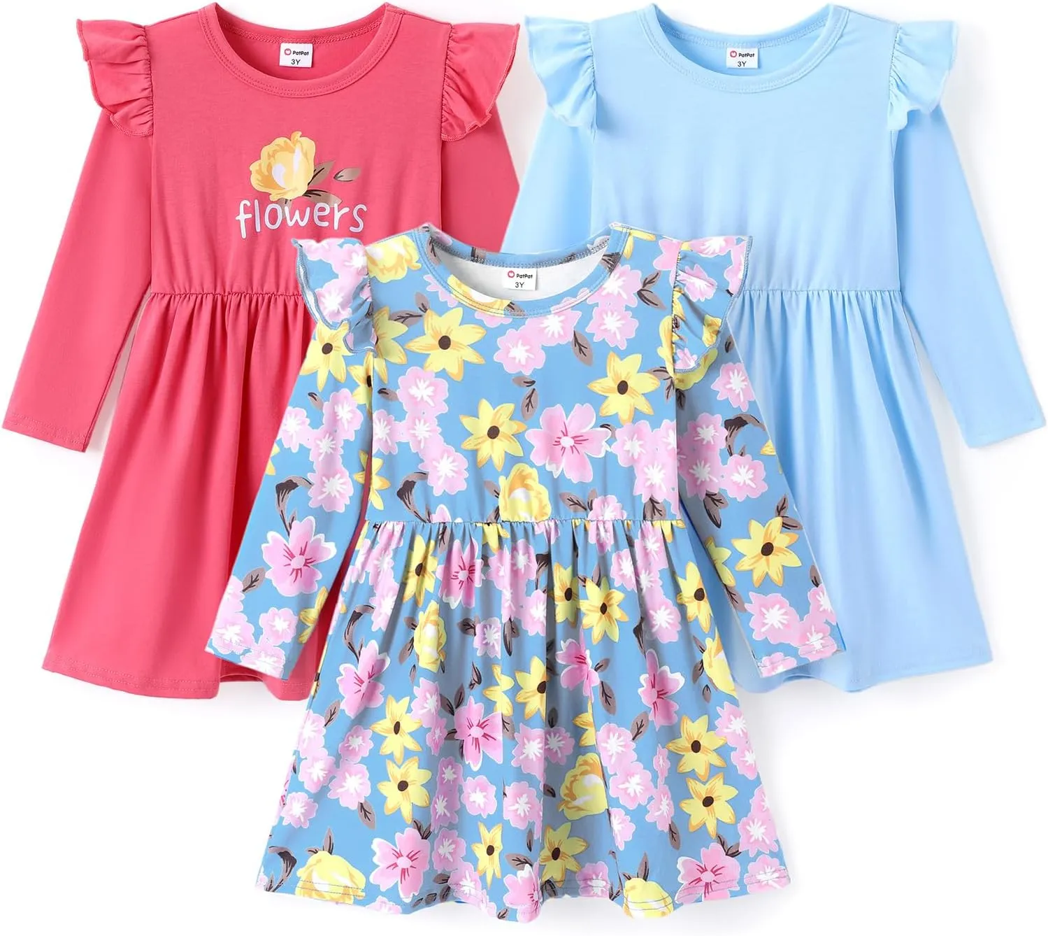 PATPAT Toddlers Girls' Long Sleeve Dress Multi Pack Toddler Fall Winter Spring Colored Dresses Set