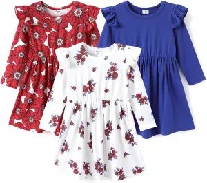 PATPAT Toddlers Girls' Long Sleeve Dress Multi Pack Toddler Fall Winter Spring Colored Dresses Set
