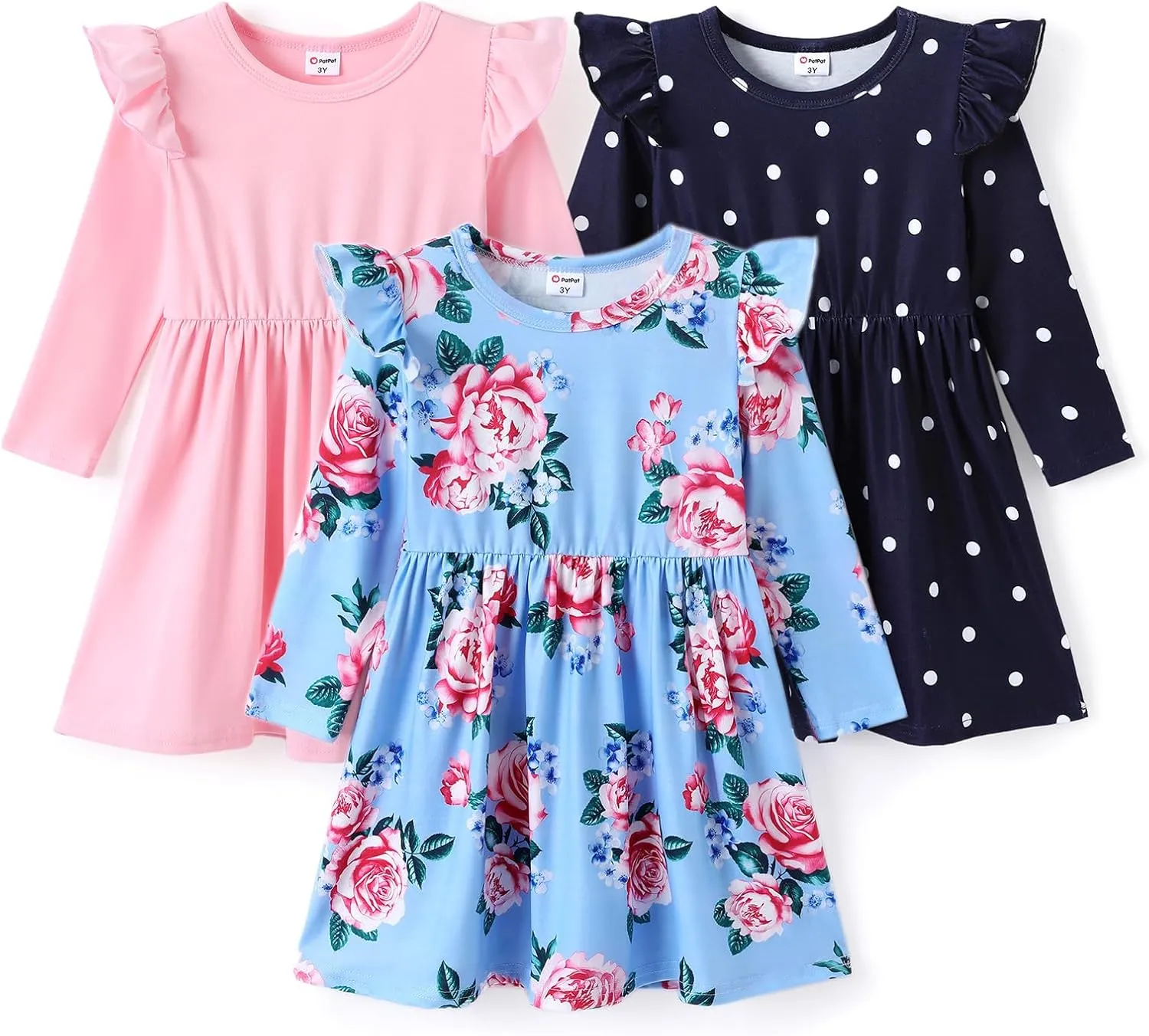 PATPAT Toddlers Girls' Long Sleeve Dress Multi Pack Toddler Fall Winter Spring Colored Dresses Set