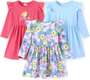 PATPAT Toddlers Girls' Long Sleeve Dress Multi Pack Toddler Fall Winter Spring Colored Dresses Set