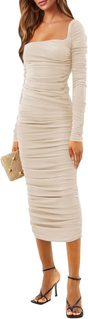 Pink Queen Women's 2023 Fall Sexy Ruched Bodycon Dress Square Neck Long Sleeve Backless Knit Party Club Midi Dresses
