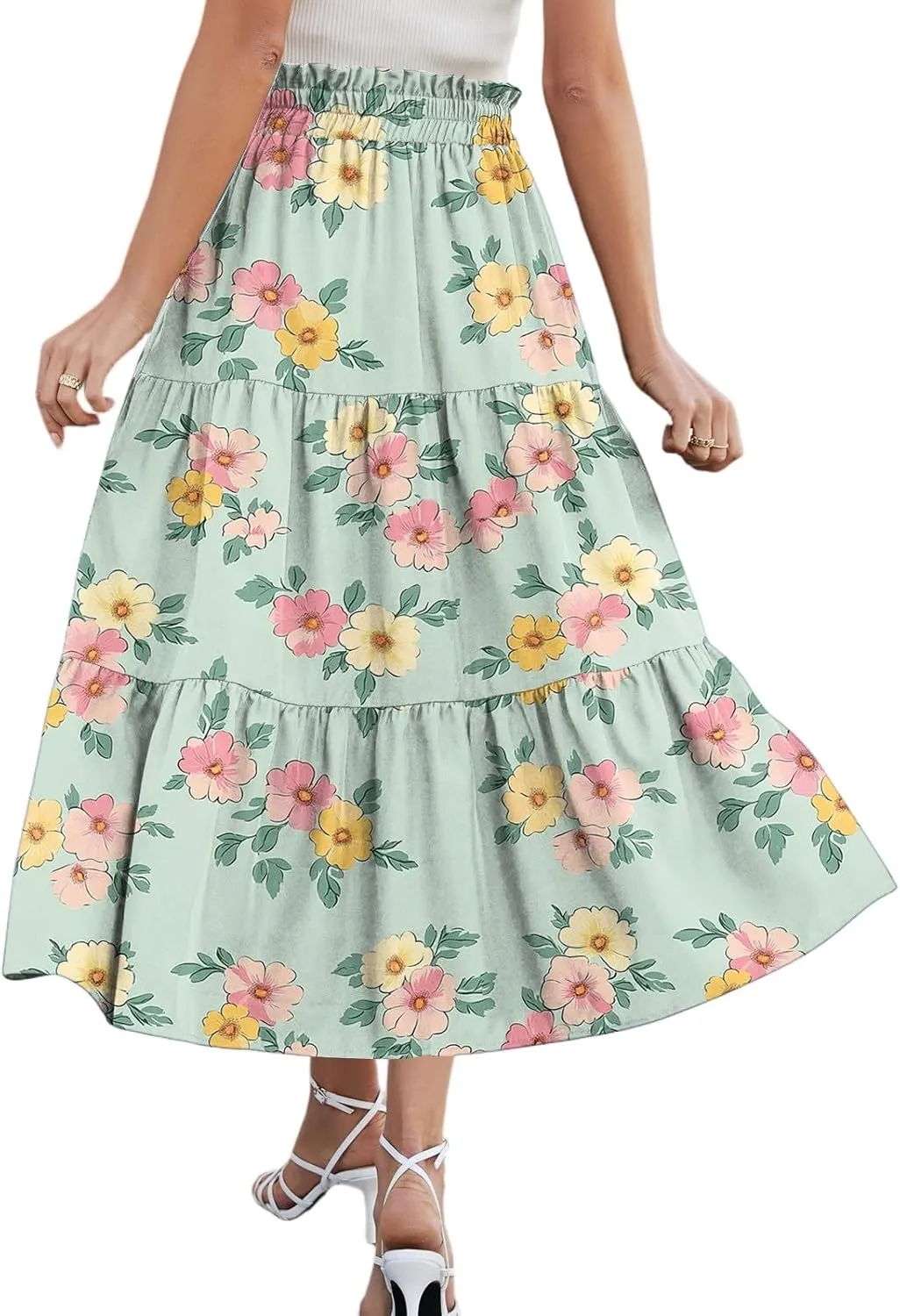 Pleated Casual A Line Midi Skirt Boho Floral Printed Length Skirts for Women Trendy Summer Elastic Waist Skirt