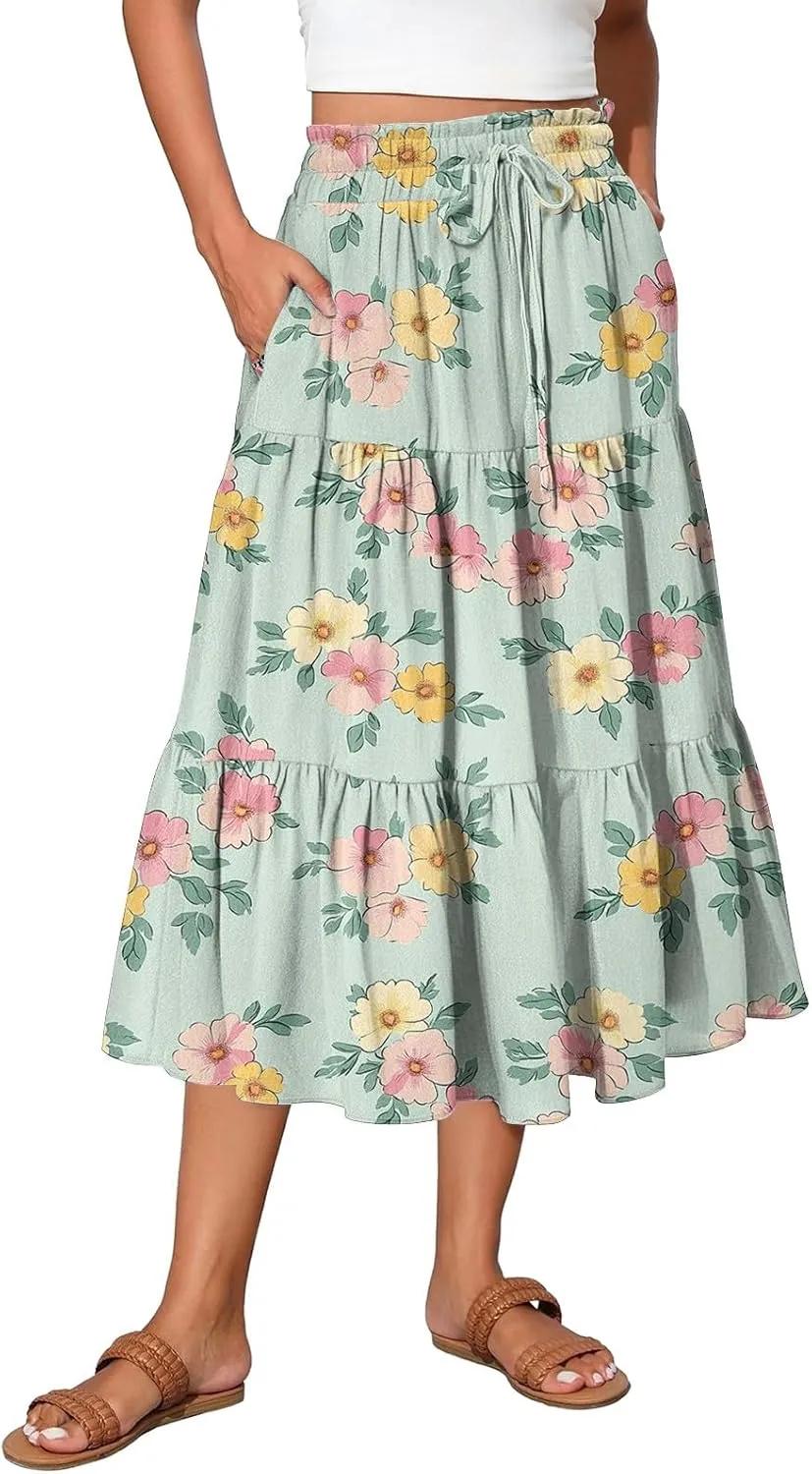 Pleated Casual A Line Midi Skirt Boho Floral Printed Length Skirts for Women Trendy Summer Elastic Waist Skirt