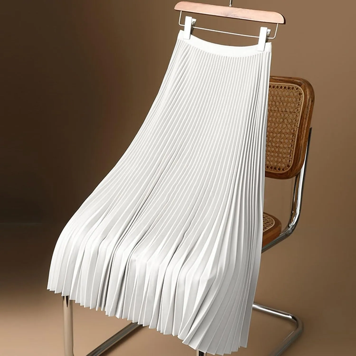 Pleated Maxi Skirts for Women Elegant High Waisted Solid Color Swing A-Line Stain Long Skirt
