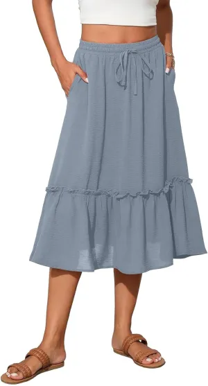 Pleated Midi Skirts for Women High Waisted Ruffle Tiered Swing Flowy Skirt Boho Beach A Line Skirt with Pockets