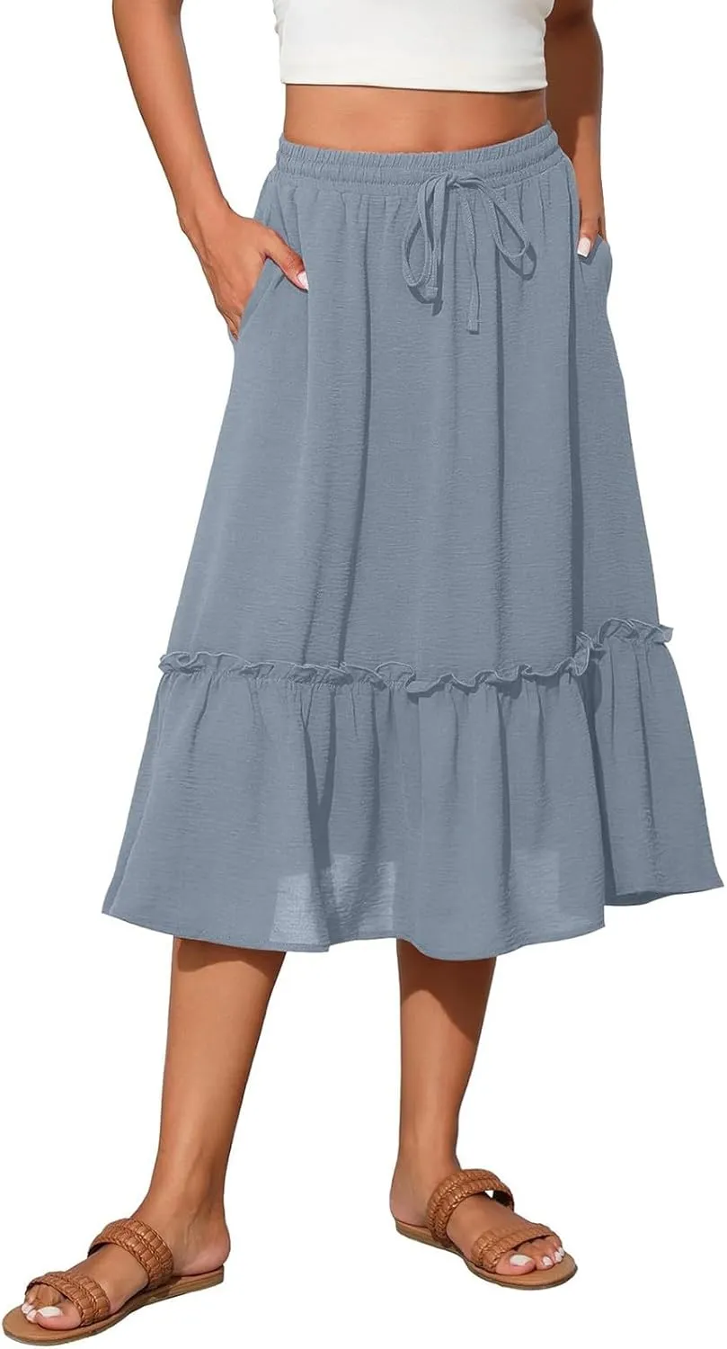 Pleated Midi Skirts for Women High Waisted Ruffle Tiered Swing Flowy Skirt Boho Beach A Line Skirt with Pockets