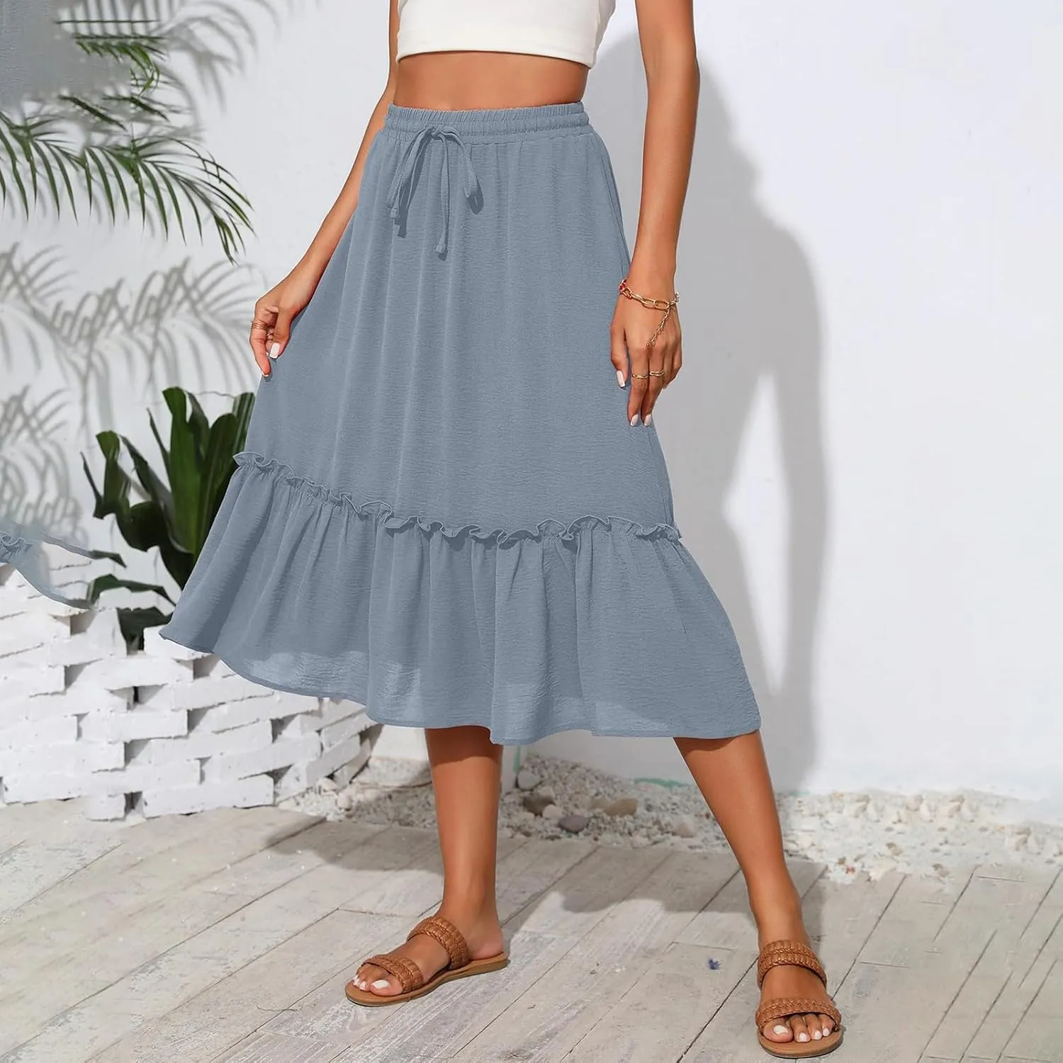 Pleated Midi Skirts for Women High Waisted Ruffle Tiered Swing Flowy Skirt Boho Beach A Line Skirt with Pockets