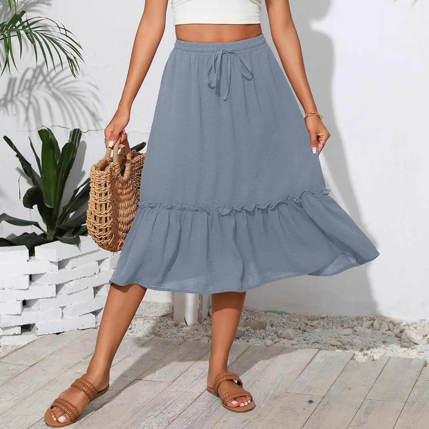 Pleated Midi Skirts for Women High Waisted Ruffle Tiered Swing Flowy Skirt Boho Beach A Line Skirt with Pockets