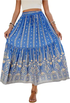 Pleated Skirts for Women, Long Boho Skirt Spring Summer Casual Flowy Maxi Skirts 2025 Trendy Wrap Tiered