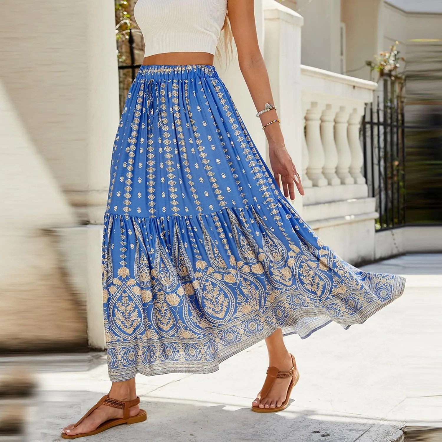 Pleated Skirts for Women, Long Boho Skirt Spring Summer Casual Flowy Maxi Skirts 2025 Trendy Wrap Tiered