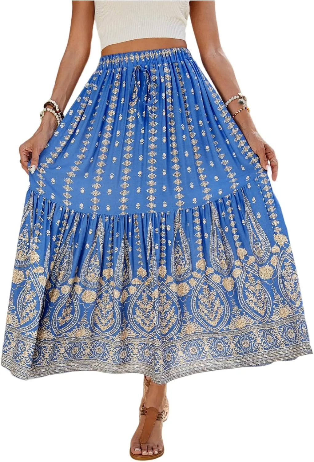 Pleated Skirts for Women, Long Boho Skirt Spring Summer Casual Flowy Maxi Skirts 2025 Trendy Wrap Tiered