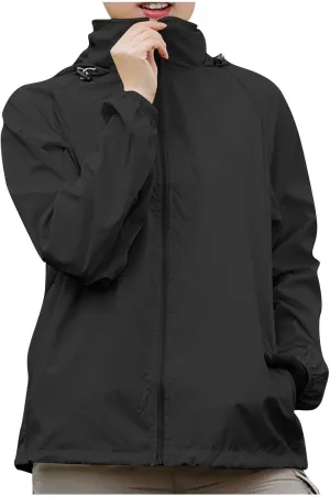 Plus Size Rain Jackets for Women Waterproof Lightweight Windbreaker Jackets Loose Coat Hooded Raincoat with Pockets