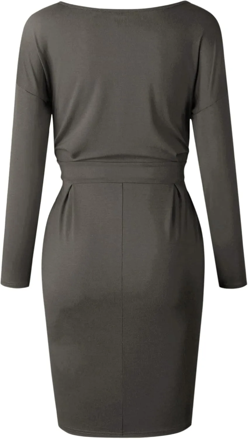 PRETTYGARDEN Women's Fall Bodycon Party Dress Casual Long Sleeve Tie Waist Fitted Sheath Pencil Dresses with Pockets