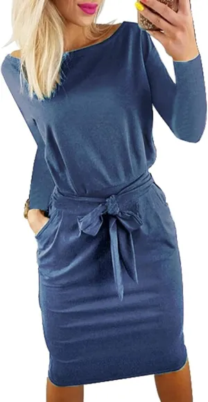 PRETTYGARDEN Women's Fall Bodycon Party Dress Casual Long Sleeve Tie Waist Fitted Sheath Pencil Dresses with Pockets