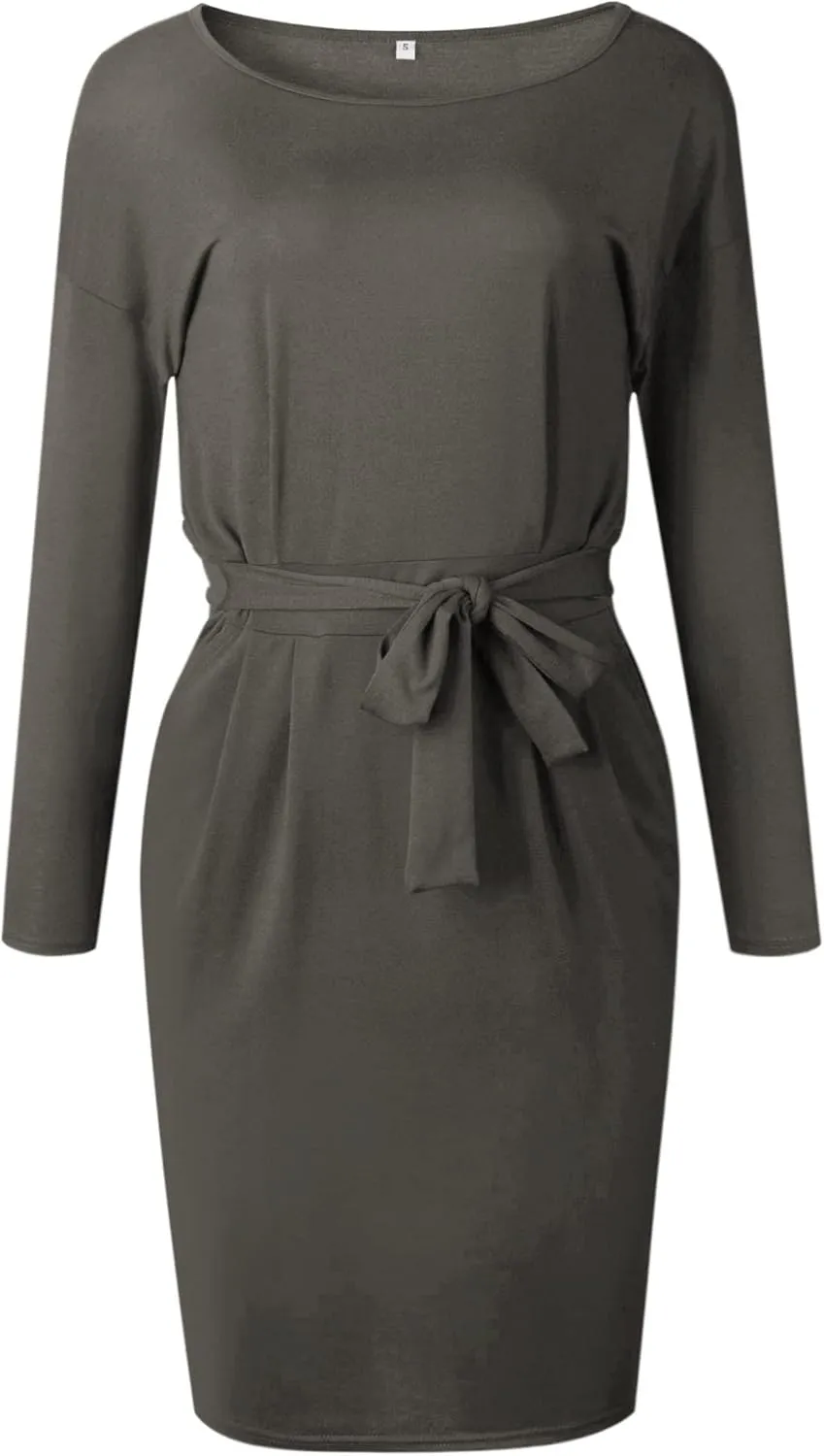 PRETTYGARDEN Women's Fall Bodycon Party Dress Casual Long Sleeve Tie Waist Fitted Sheath Pencil Dresses with Pockets