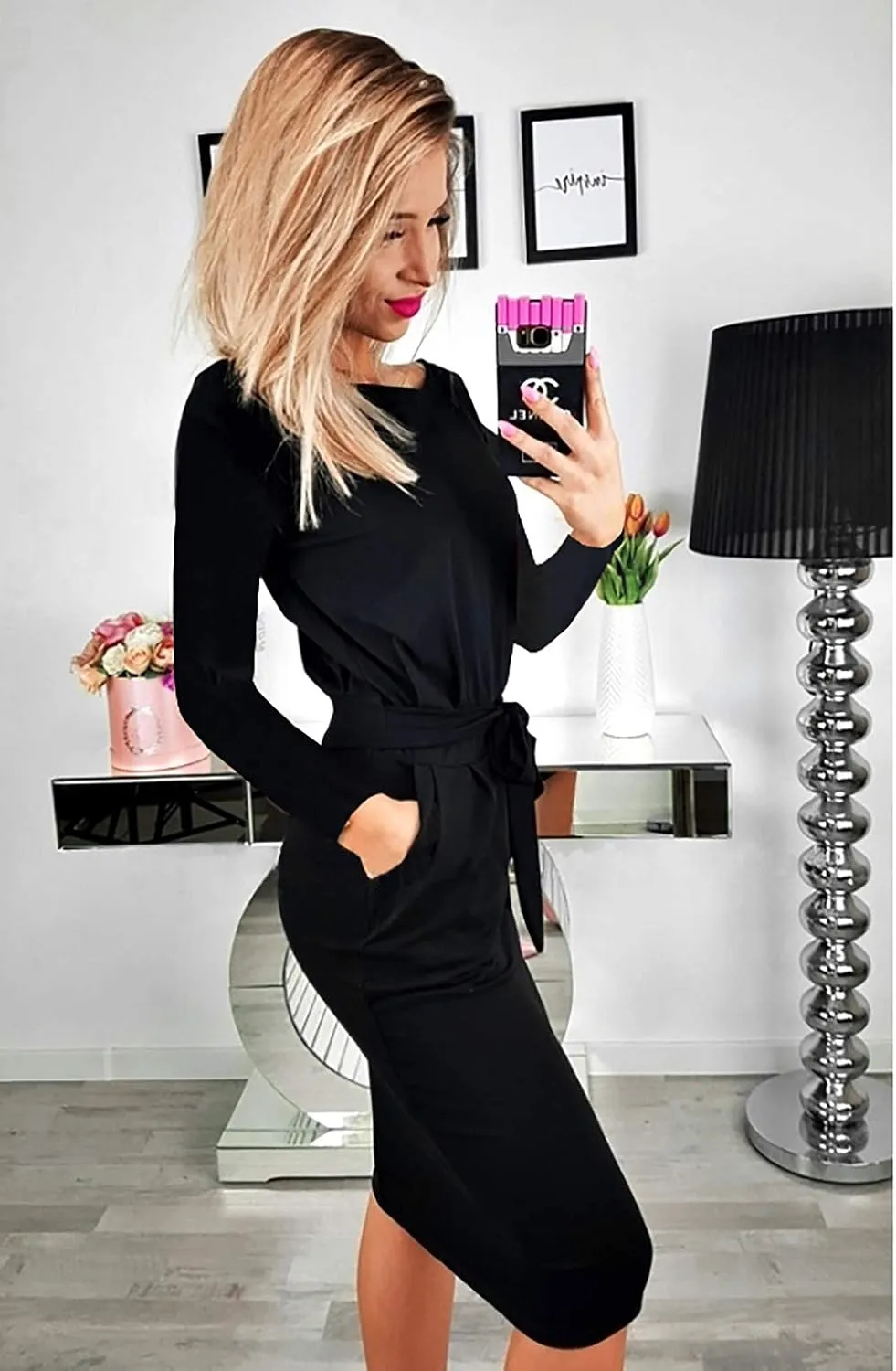 PRETTYGARDEN Women's Fall Bodycon Party Dress Casual Long Sleeve Tie Waist Fitted Sheath Pencil Dresses with Pockets