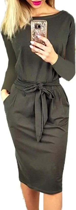 PRETTYGARDEN Women's Fall Bodycon Party Dress Casual Long Sleeve Tie Waist Fitted Sheath Pencil Dresses with Pockets