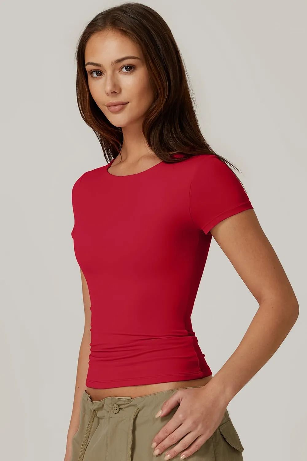 QINSEN Women's Crew Neck Short Sleeve Tees Double Lined Slim Fit T Shirt Basic Y2K Tops