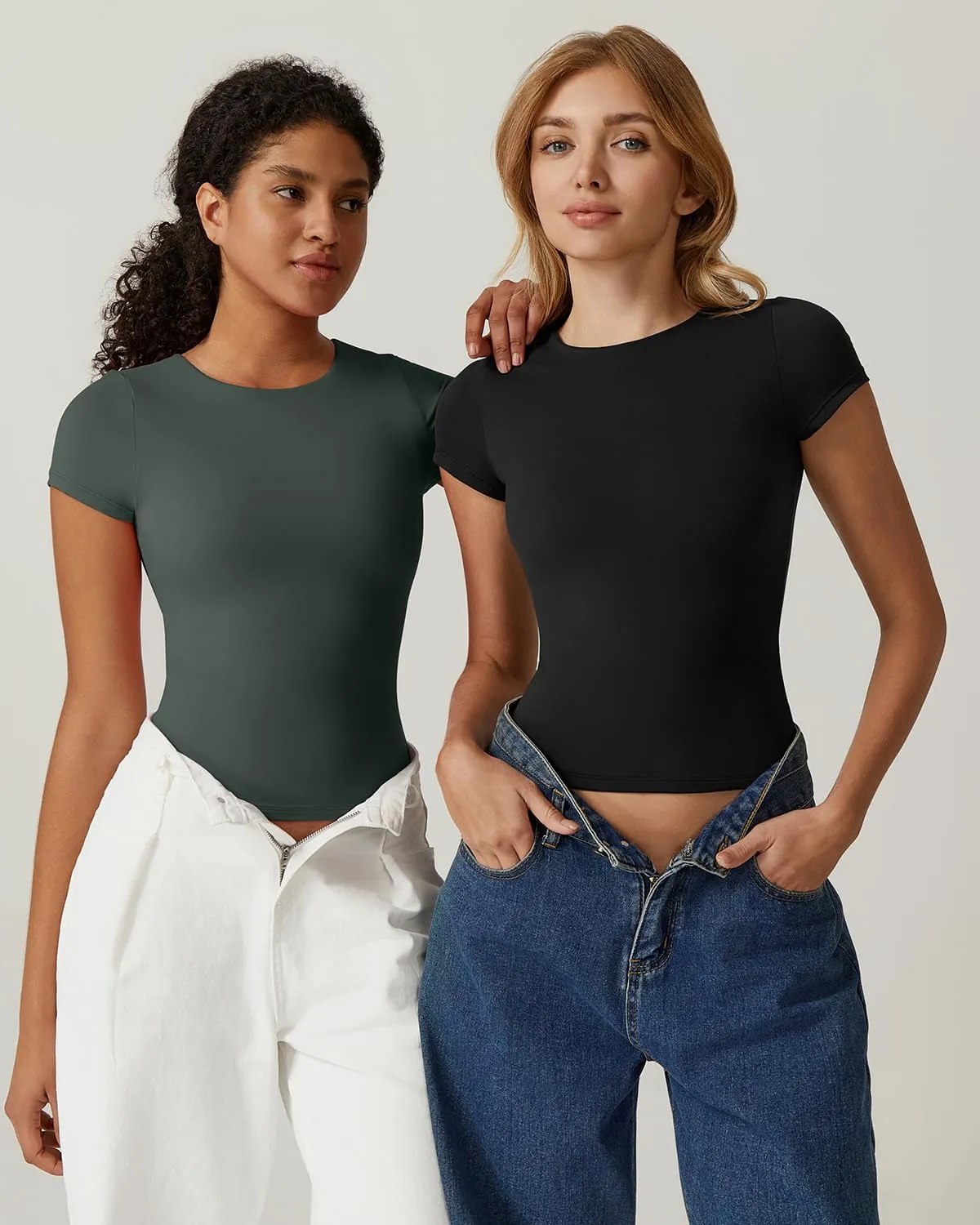 QINSEN Women's Crew Neck Short Sleeve Tees Double Lined Slim Fit T Shirt Basic Y2K Tops