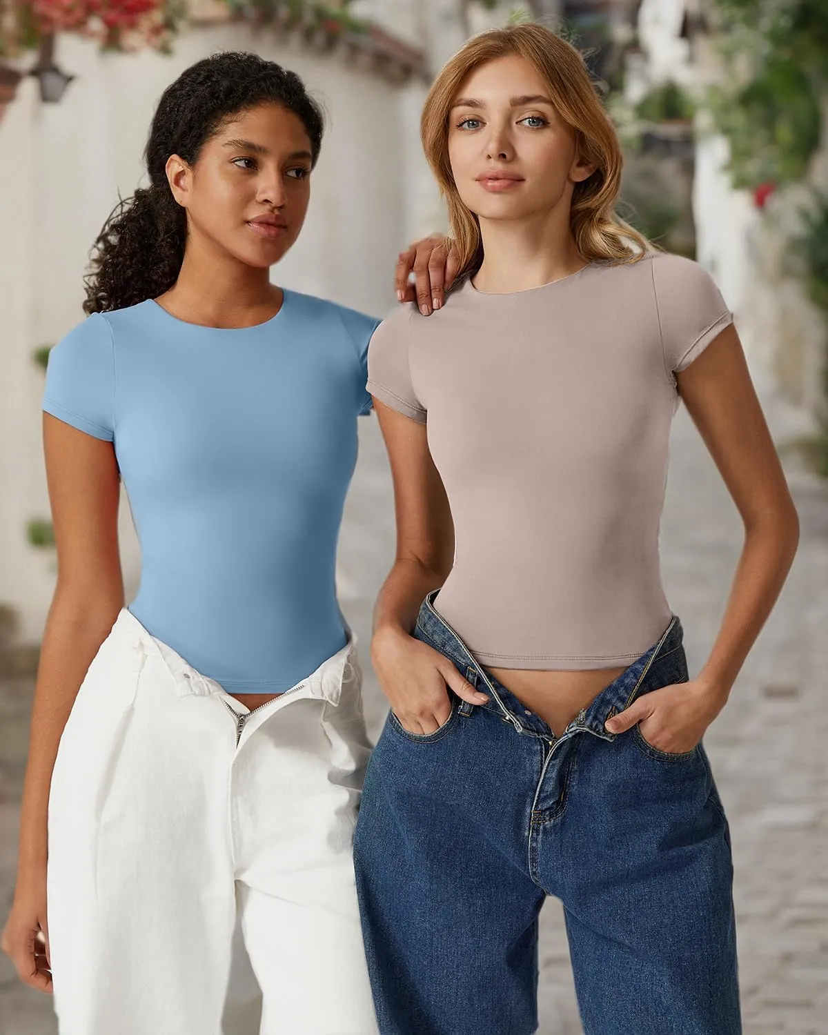 QINSEN Women's Crew Neck Short Sleeve Tees Double Lined Slim Fit T Shirt Basic Y2K Tops