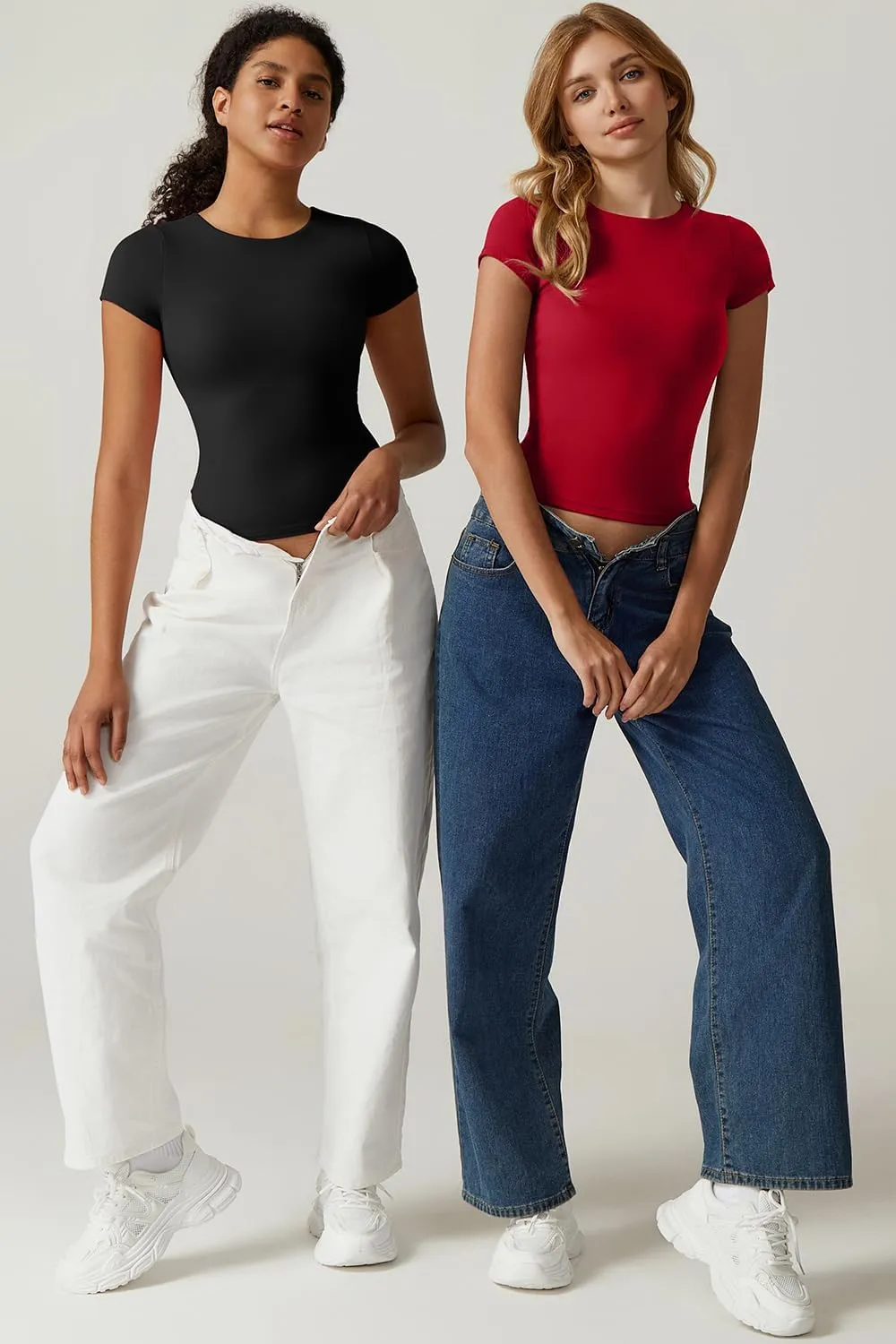 QINSEN Women's Crew Neck Short Sleeve Tees Double Lined Slim Fit T Shirt Basic Y2K Tops
