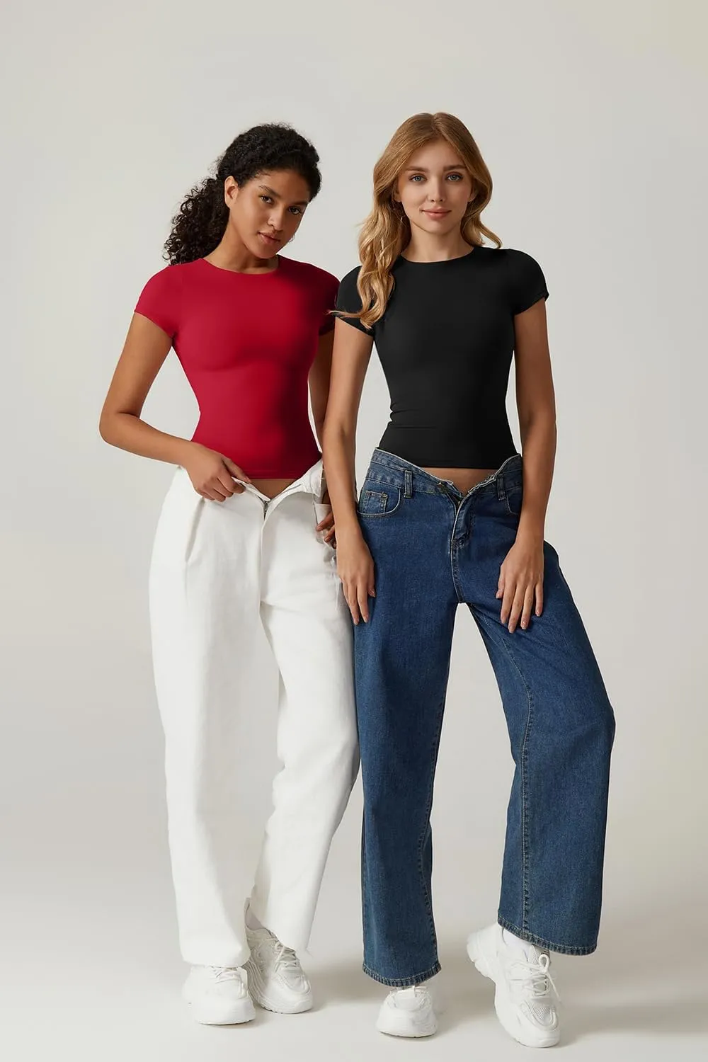 QINSEN Women's Crew Neck Short Sleeve Tees Double Lined Slim Fit T Shirt Basic Y2K Tops