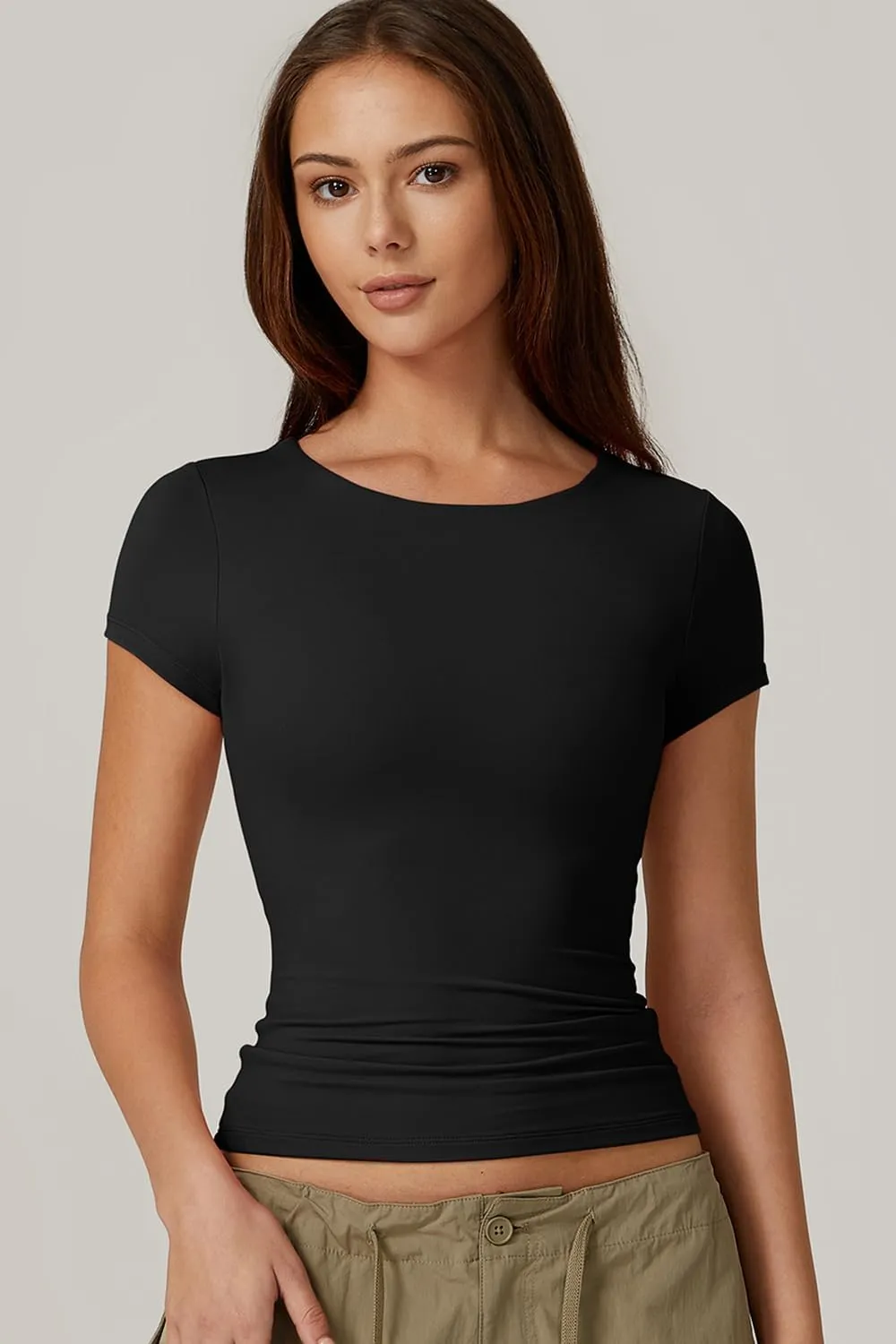 QINSEN Women's Crew Neck Short Sleeve Tees Double Lined Slim Fit T Shirt Basic Y2K Tops