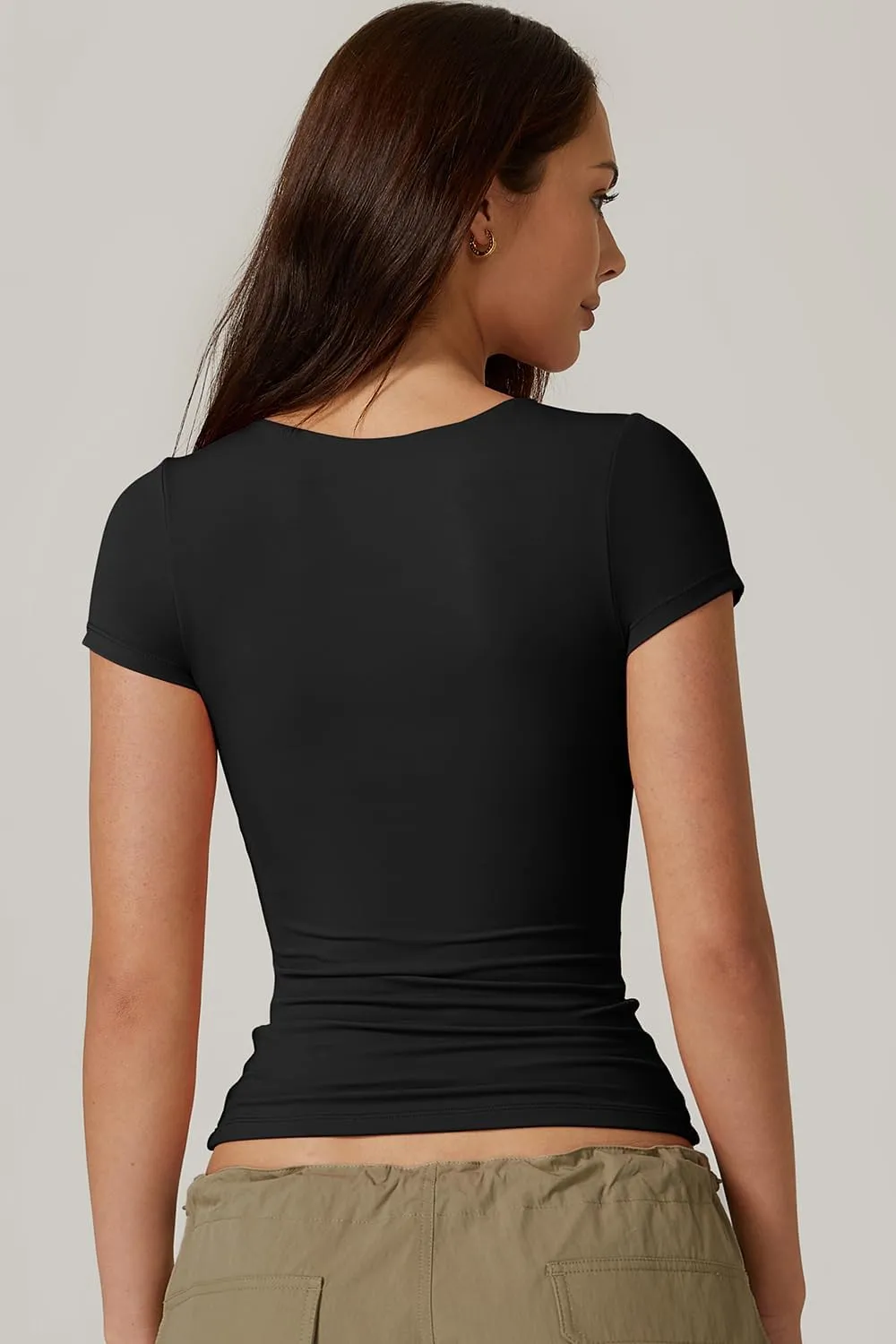 QINSEN Women's Crew Neck Short Sleeve Tees Double Lined Slim Fit T Shirt Basic Y2K Tops