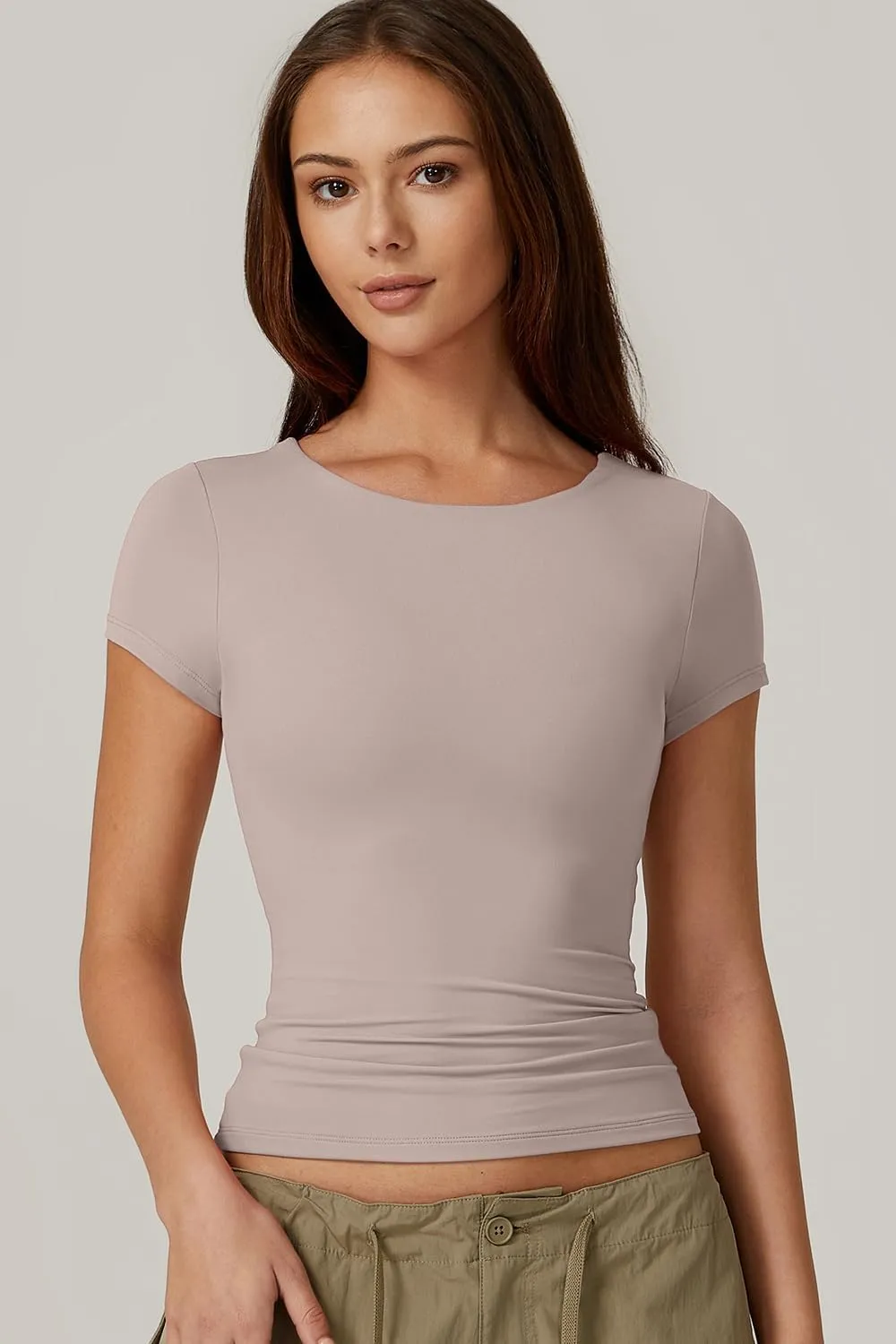 QINSEN Women's Crew Neck Short Sleeve Tees Double Lined Slim Fit T Shirt Basic Y2K Tops