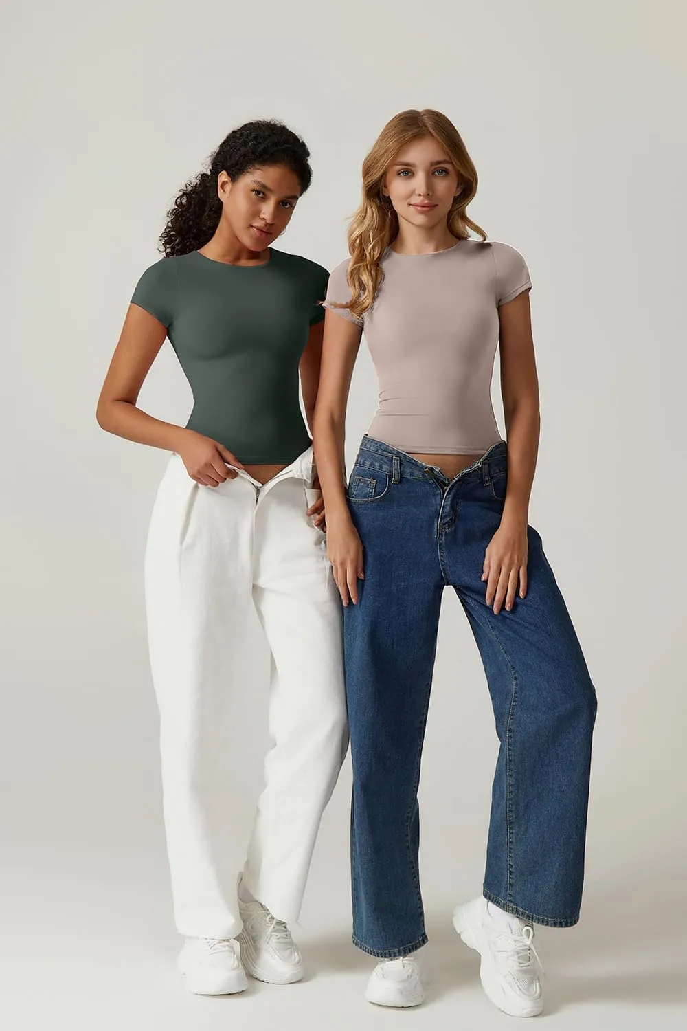 QINSEN Women's Crew Neck Short Sleeve Tees Double Lined Slim Fit T Shirt Basic Y2K Tops