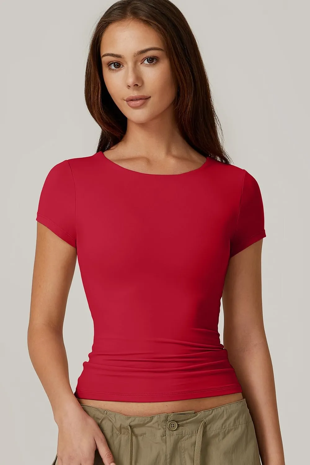 QINSEN Women's Crew Neck Short Sleeve Tees Double Lined Slim Fit T Shirt Basic Y2K Tops