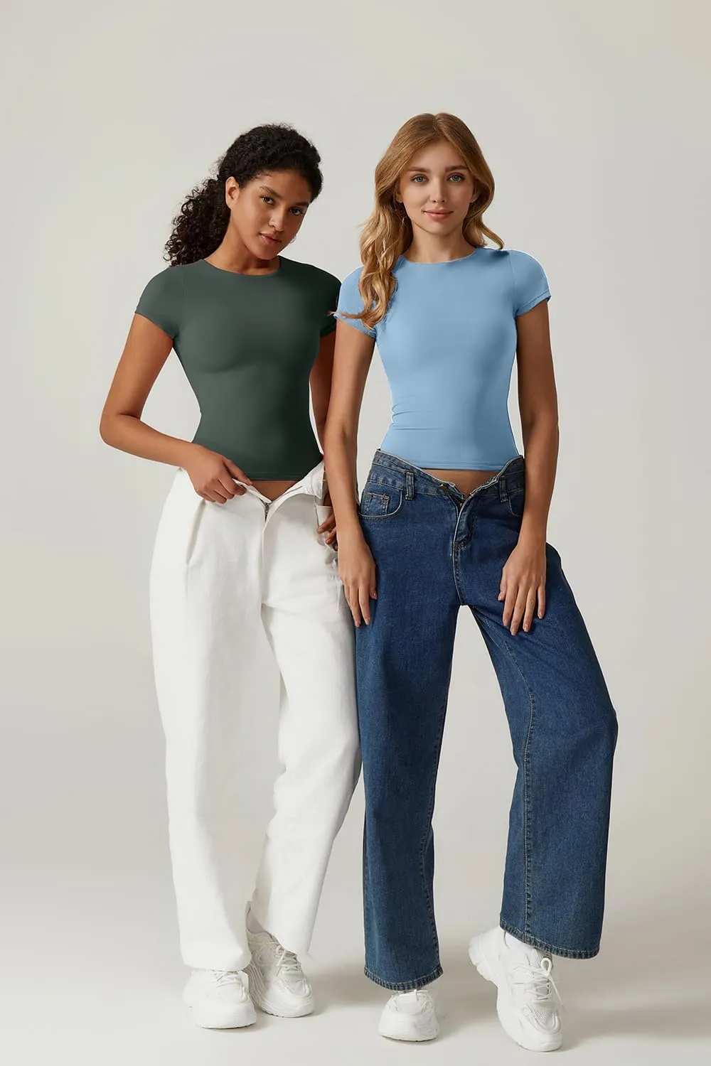 QINSEN Women's Crew Neck Short Sleeve Tees Double Lined Slim Fit T Shirt Basic Y2K Tops