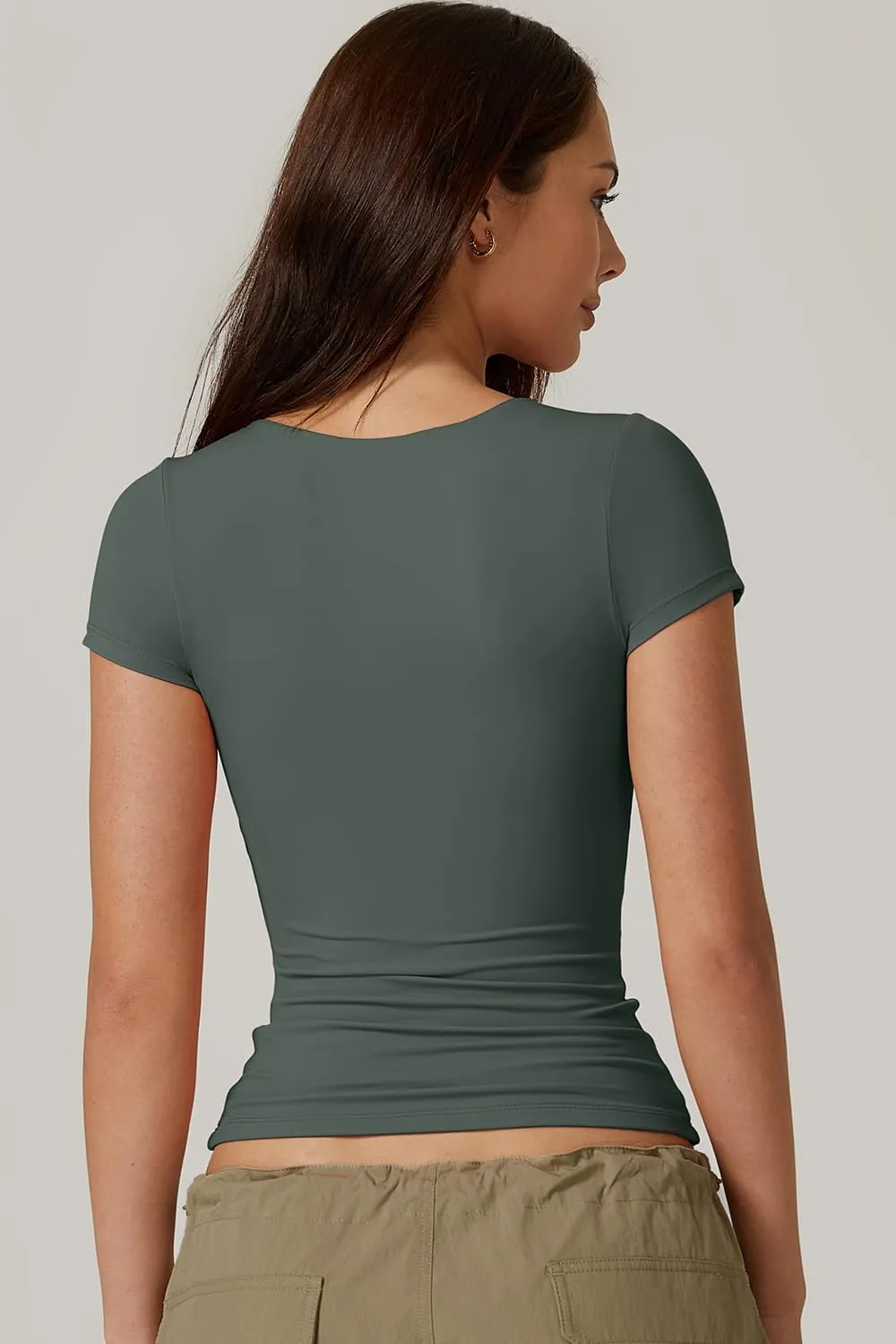 QINSEN Women's Crew Neck Short Sleeve Tees Double Lined Slim Fit T Shirt Basic Y2K Tops