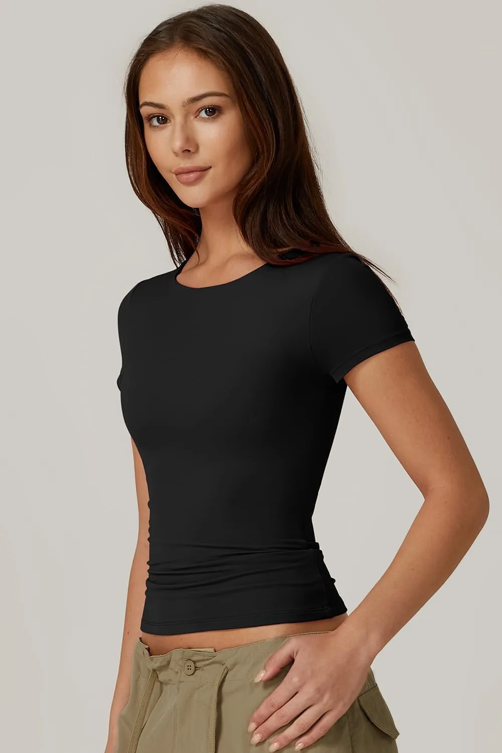 QINSEN Women's Crew Neck Short Sleeve Tees Double Lined Slim Fit T Shirt Basic Y2K Tops