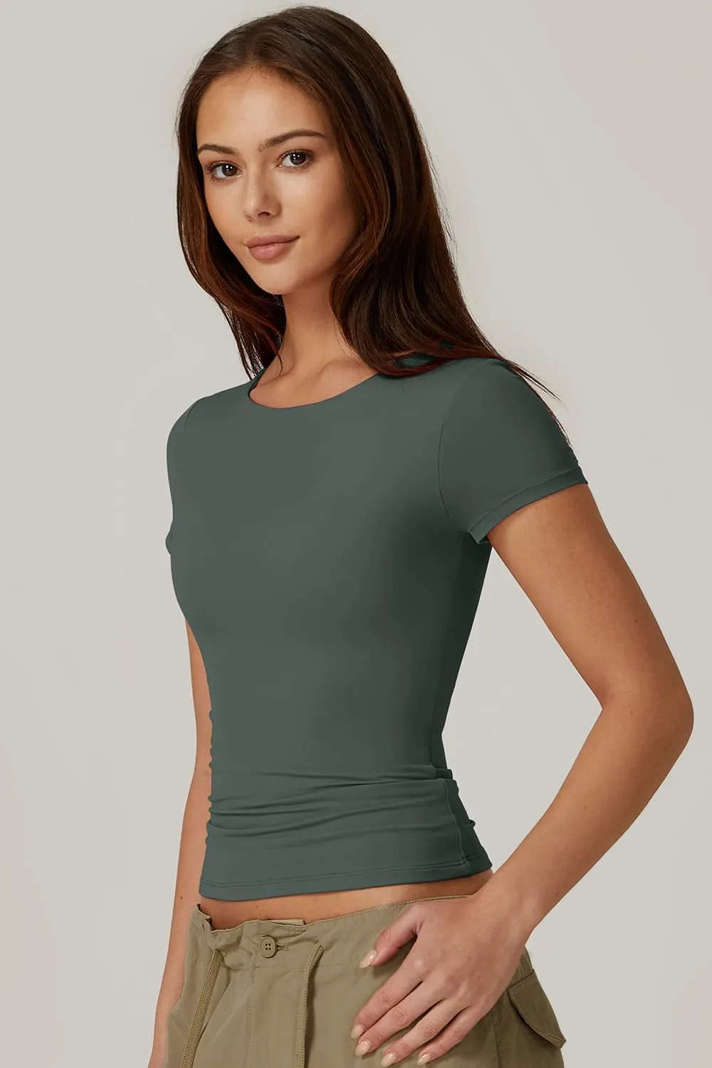 QINSEN Women's Crew Neck Short Sleeve Tees Double Lined Slim Fit T Shirt Basic Y2K Tops