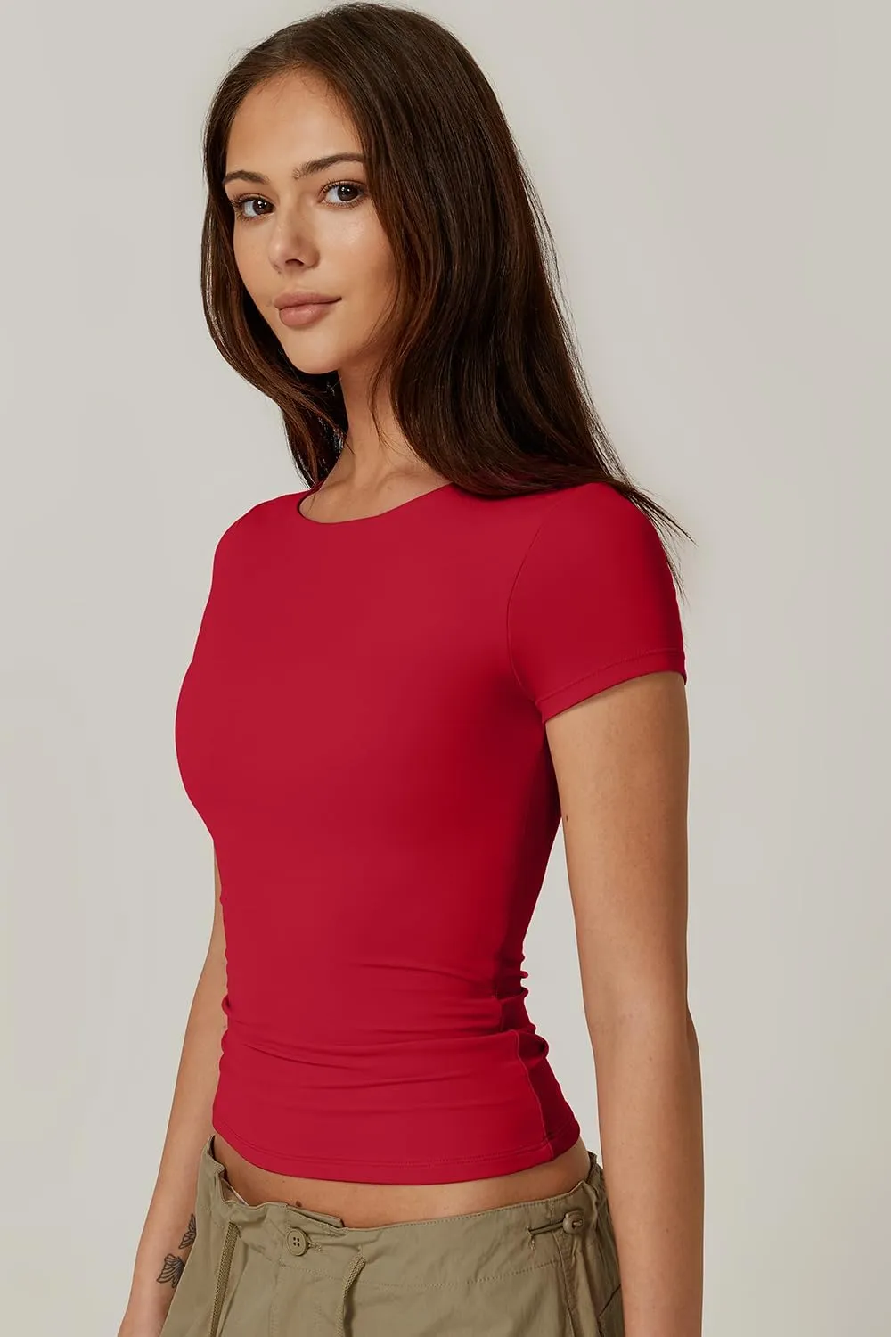 QINSEN Women's Crew Neck Short Sleeve Tees Double Lined Slim Fit T Shirt Basic Y2K Tops