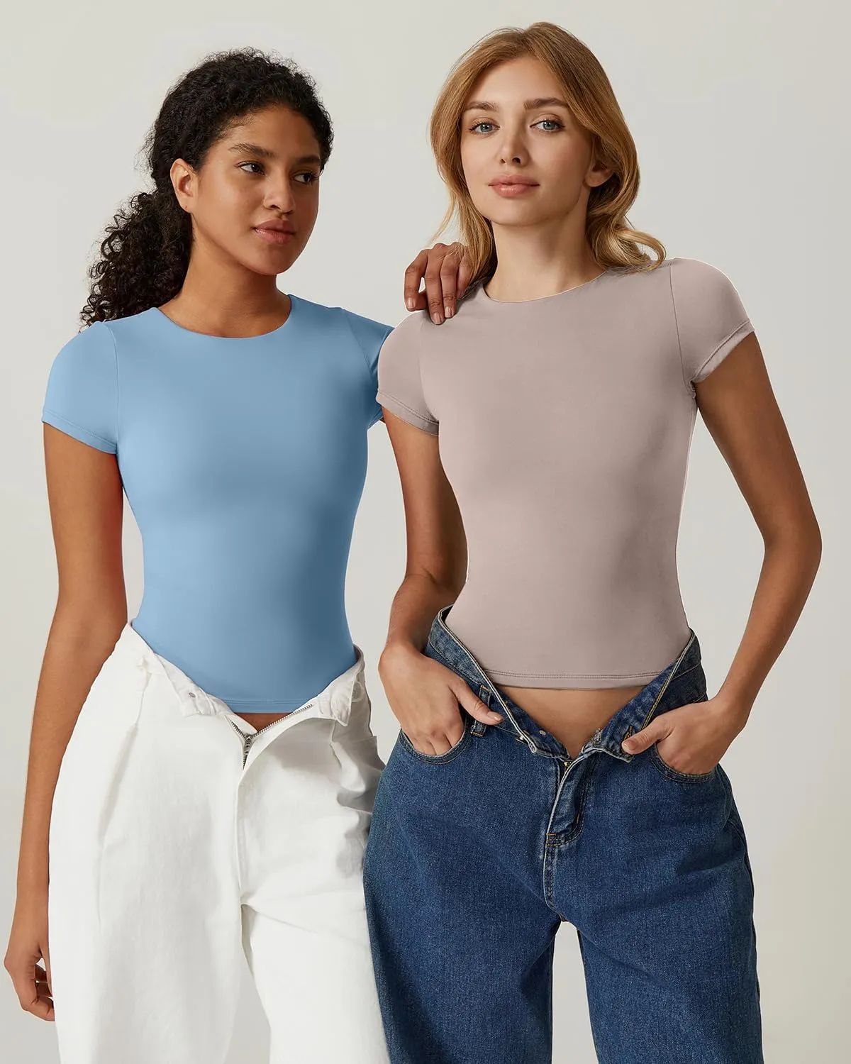 QINSEN Women's Crew Neck Short Sleeve Tees Double Lined Slim Fit T Shirt Basic Y2K Tops