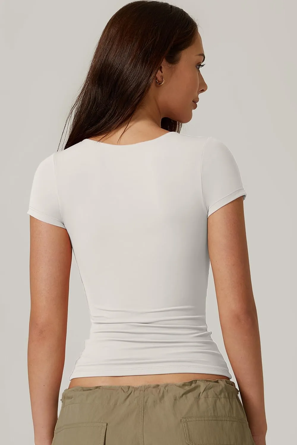 QINSEN Women's Crew Neck Short Sleeve Tees Double Lined Slim Fit T Shirt Basic Y2K Tops