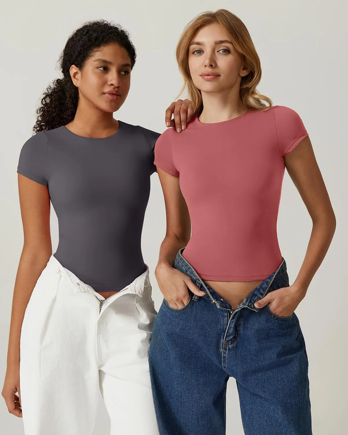 QINSEN Women's Crew Neck Short Sleeve Tees Double Lined Slim Fit T Shirt Basic Y2K Tops
