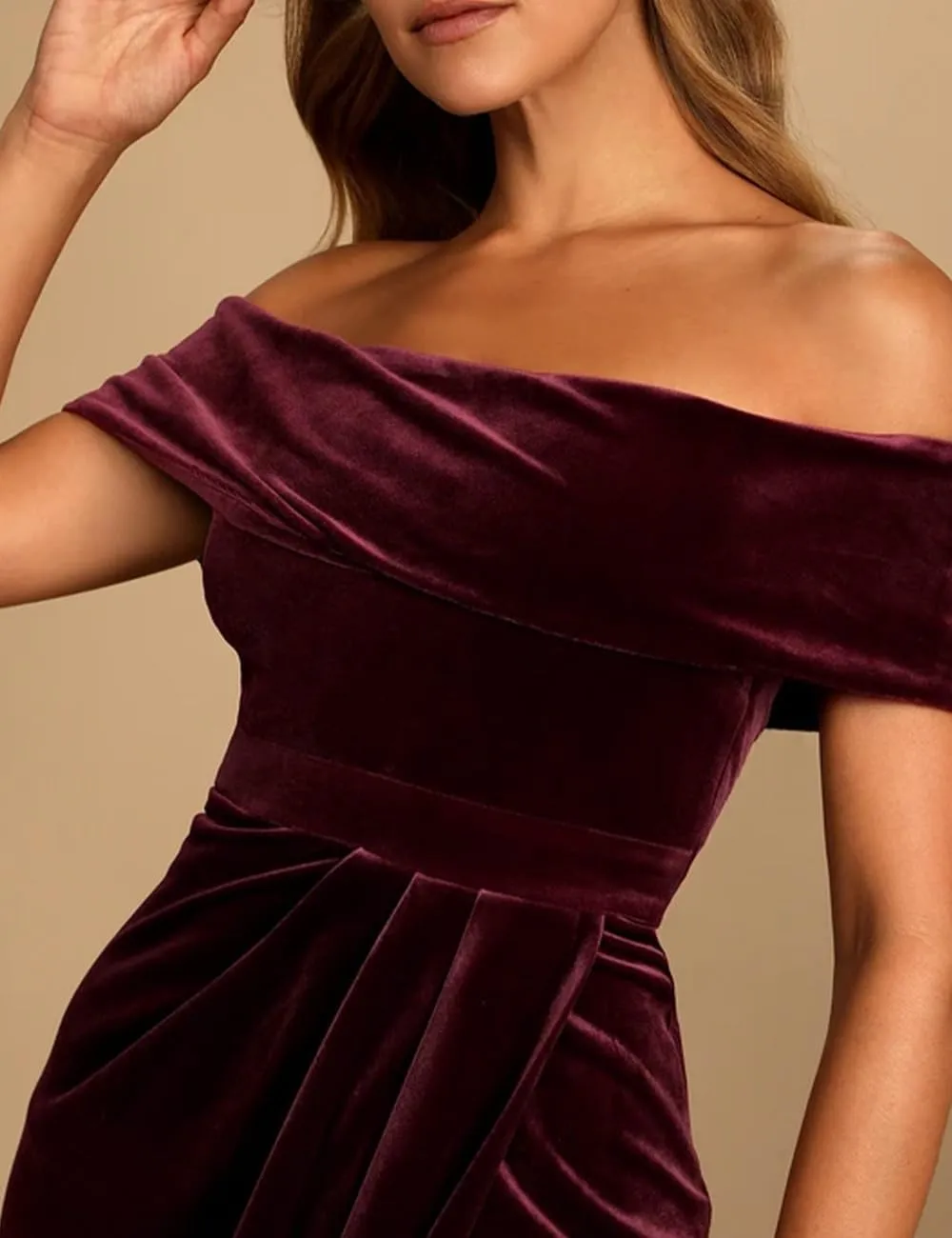 Realtix Elegant Velvet Ruched Bodycon Wrap Off The Shoulder Dresses for Women Sexy High Slit Cocktail Party Midi Dresses