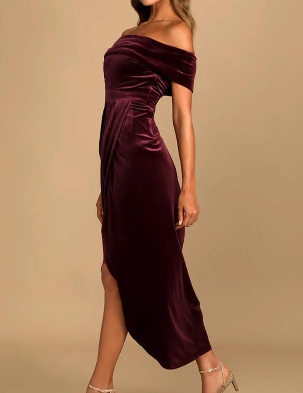 Realtix Elegant Velvet Ruched Bodycon Wrap Off The Shoulder Dresses for Women Sexy High Slit Cocktail Party Midi Dresses