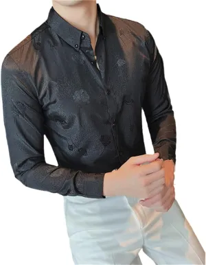 Rfmfkkg Men Jacquard Long Sleeve Dress Shirts for Clothing Slim Fit Business Casual Formal Wear