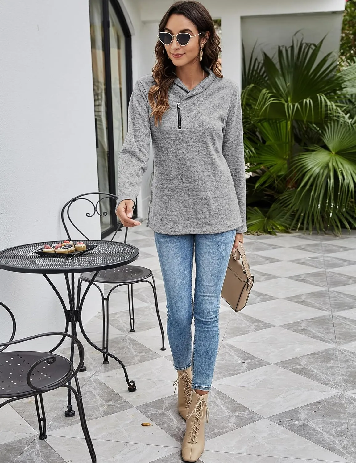 Romanstii Quarter Zip Sweatshirt for Women Fall Long Sleeve Cowl Neck Top 2024 Fashion Pullover with Pockets