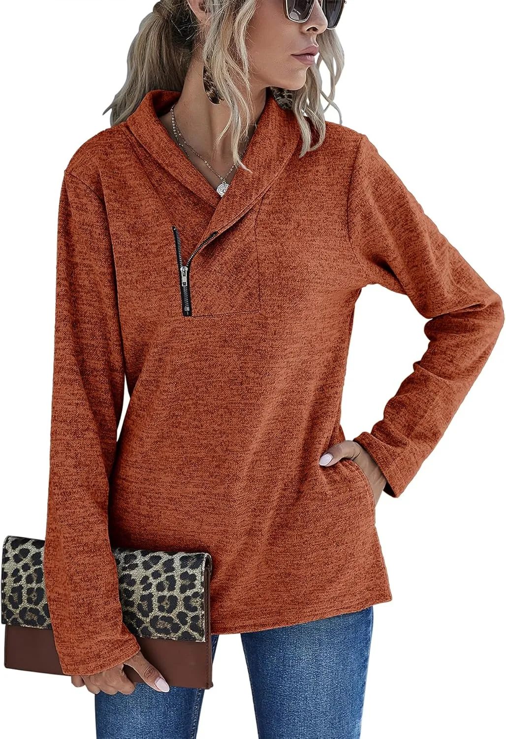 Romanstii Quarter Zip Sweatshirt for Women Fall Long Sleeve Cowl Neck Top 2024 Fashion Pullover with Pockets